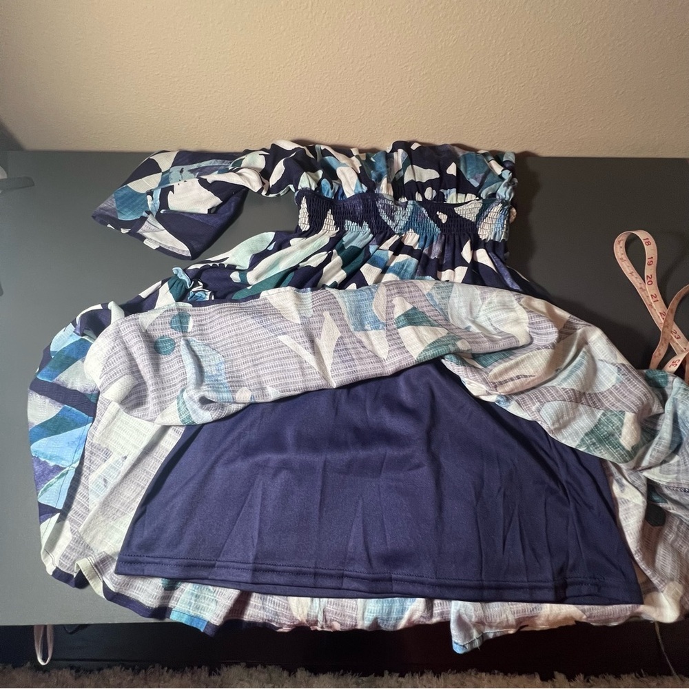Love Stitch Tropical Floral Mini Dress Blue Smocked Waist Size Small - Picture 6 of 11
